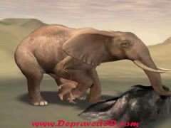 In the desert, a horny elephant takes pleasure in raping a human.